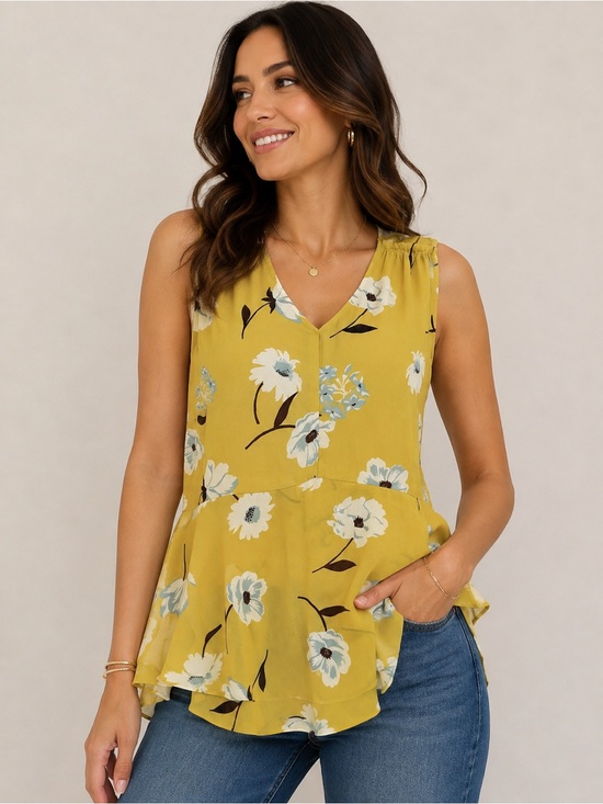 CAbi Tops - CAbi || Mustard Floral V-Neck Peplum Tank Top with Cami. Sz. S